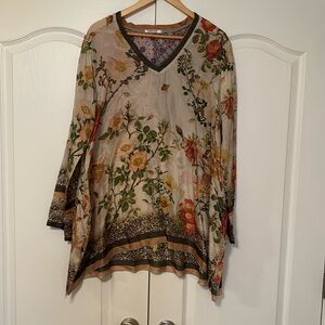 Johnny Was Floral Print Sheer Silk Tunic Top